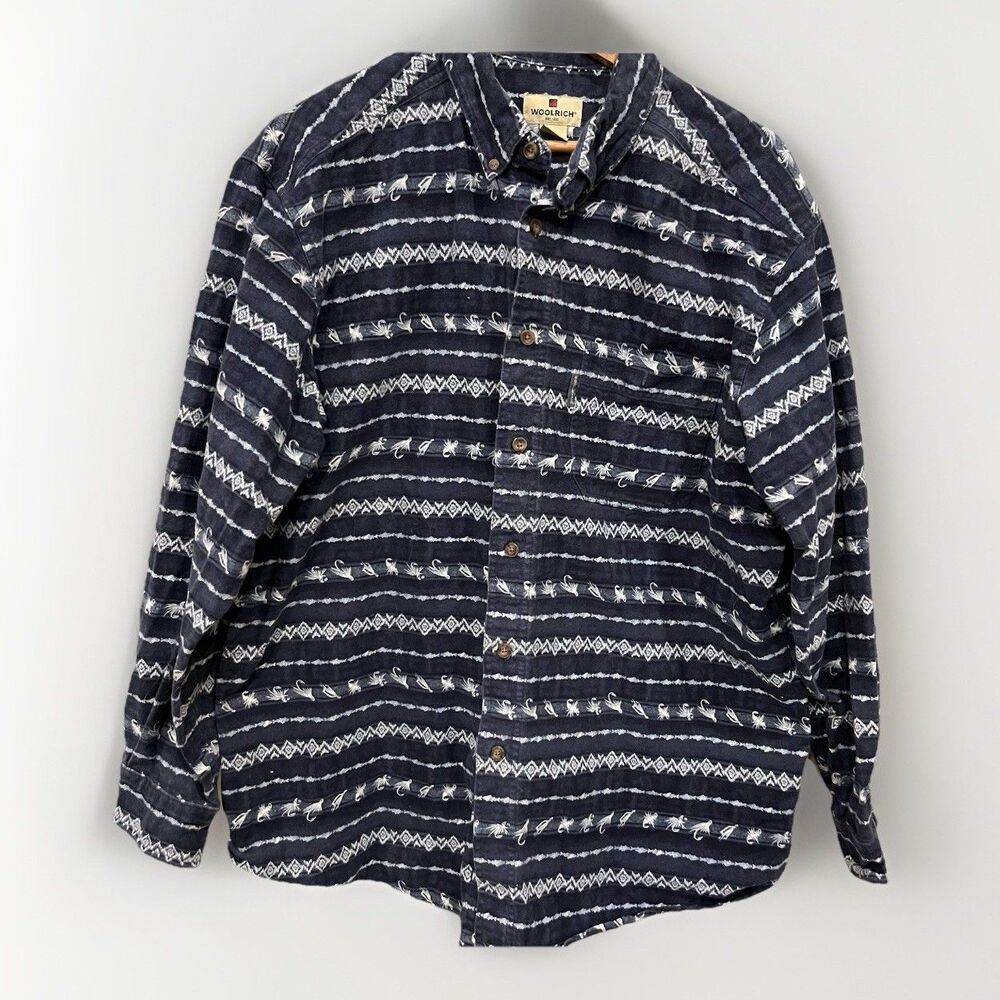 Woolrich Mens L Shirt Long Sleeve Button Up Deep Navy Flies Fly Fishing Flannel